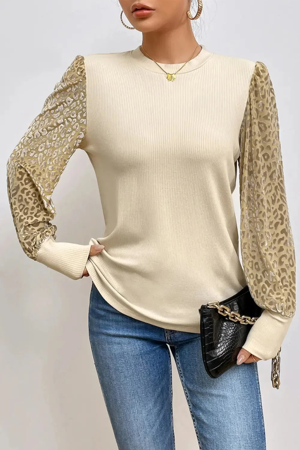 Leopard Print Long Sleeve Ribbed Knit Blouse - VILLA FASHION
