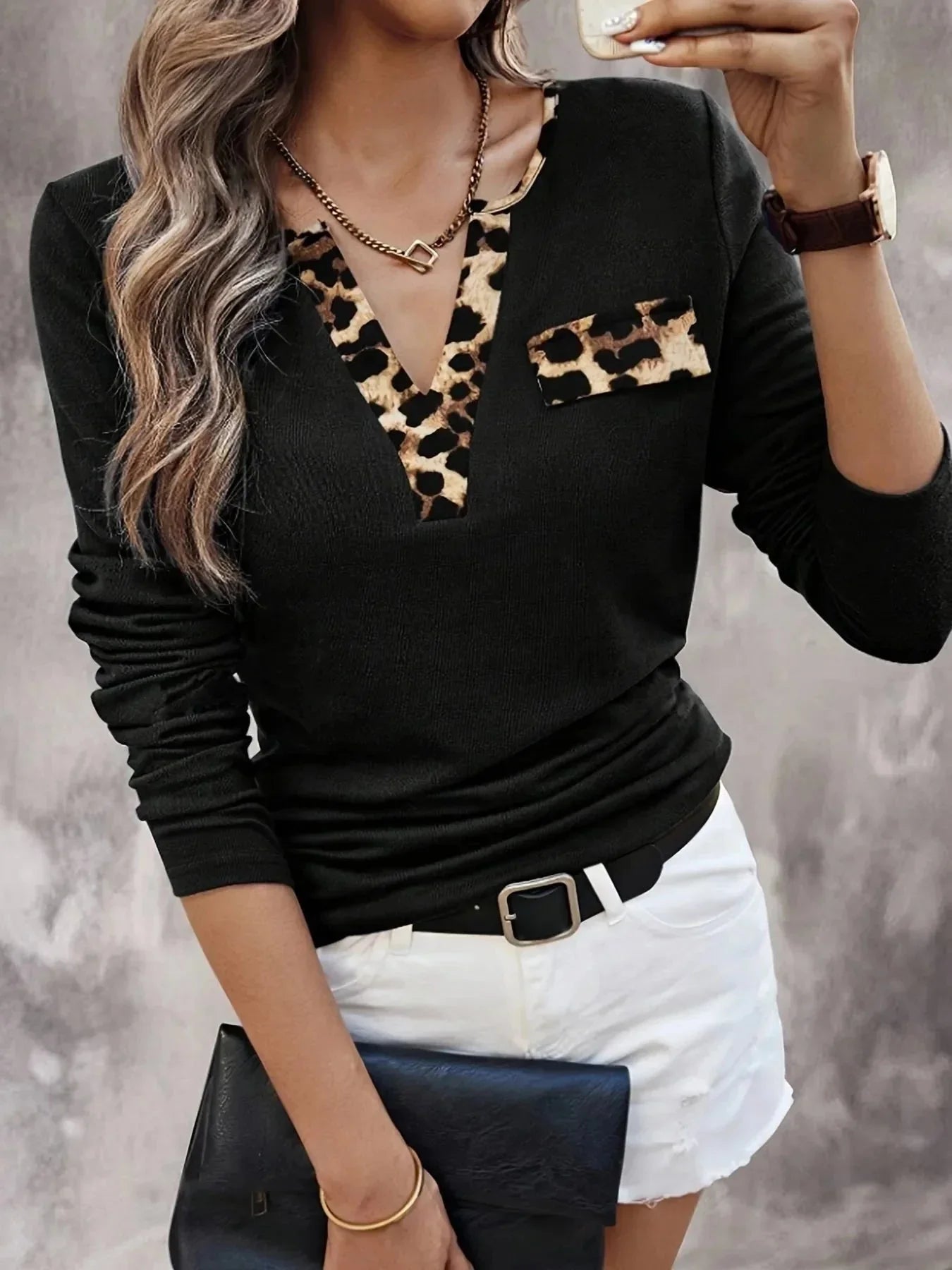 Leopard Trim Long Sleeve T-Shirt - VILLA FASHION