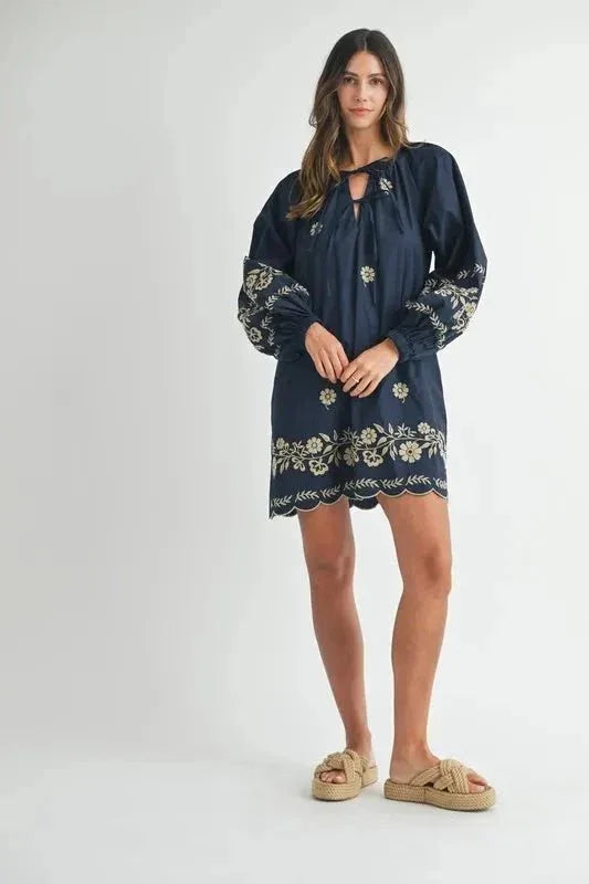 MABLE Embroidered Long Sleeve Peasant Mini Dress - VILLA FASHION