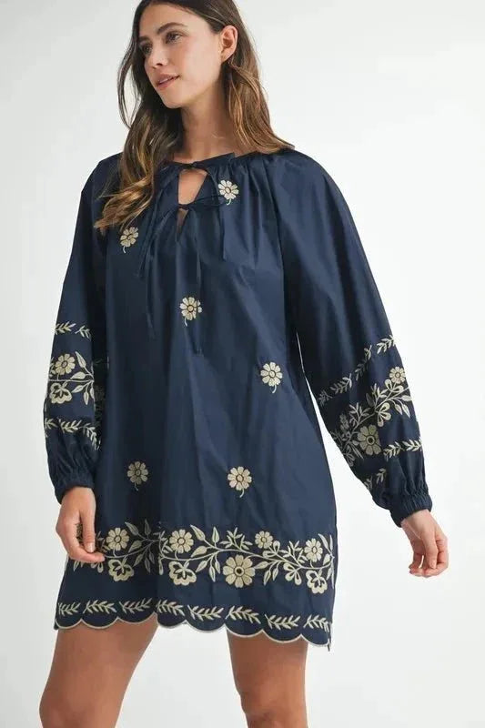 MABLE Embroidered Long Sleeve Peasant Mini Dress - VILLA FASHION
