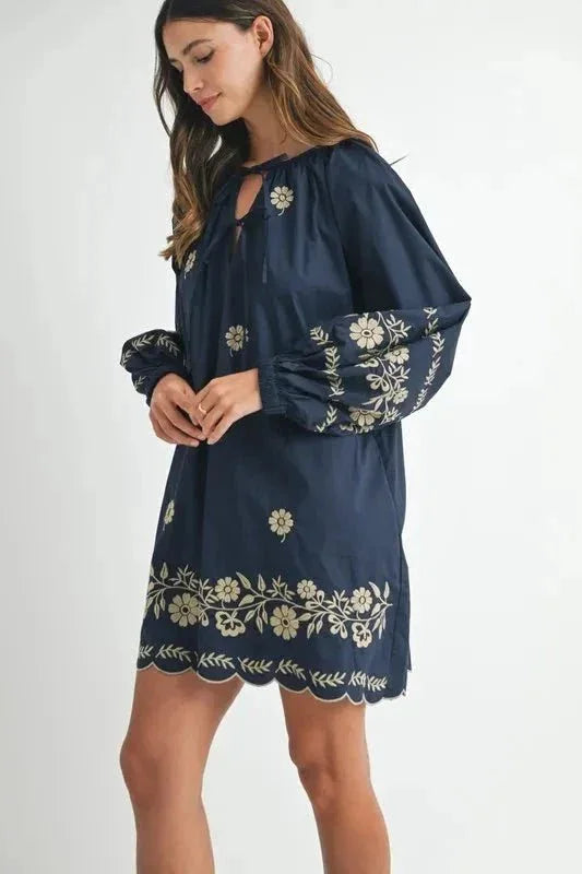 MABLE Embroidered Long Sleeve Peasant Mini Dress - VILLA FASHION