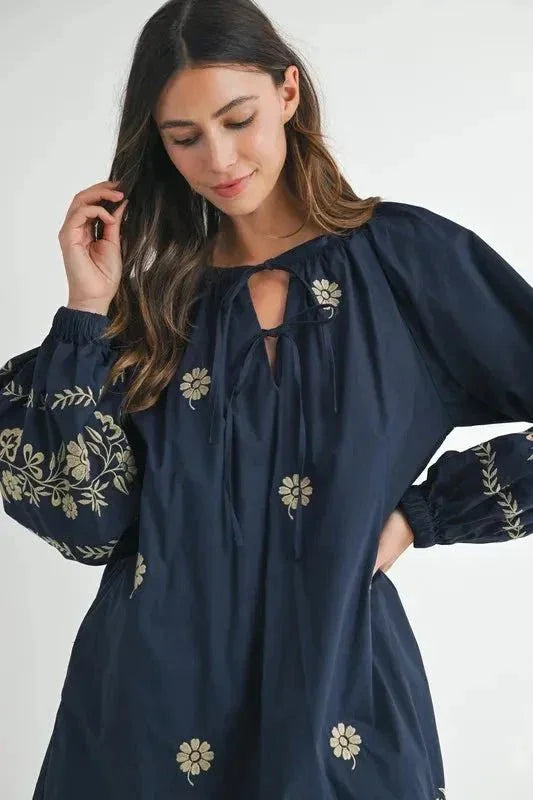 MABLE Embroidered Long Sleeve Peasant Mini Dress - VILLA FASHION