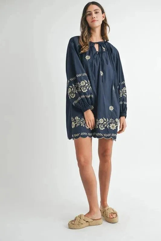MABLE Embroidered Long Sleeve Peasant Mini Dress - VILLA FASHION