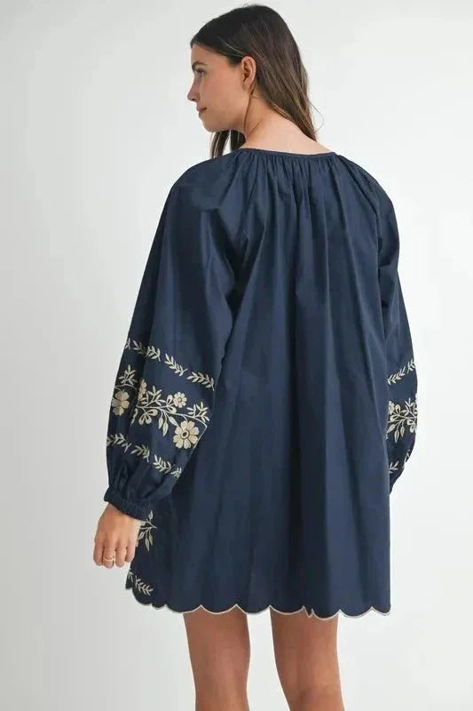 MABLE Embroidered Long Sleeve Peasant Mini Dress - VILLA FASHION