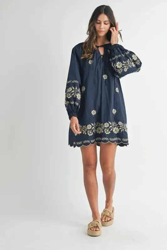 MABLE Embroidered Long Sleeve Peasant Mini Dress - VILLA FASHION