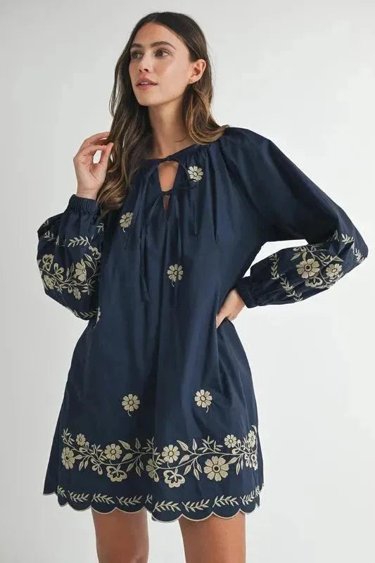 MABLE Embroidered Long Sleeve Peasant Mini Dress - VILLA FASHION