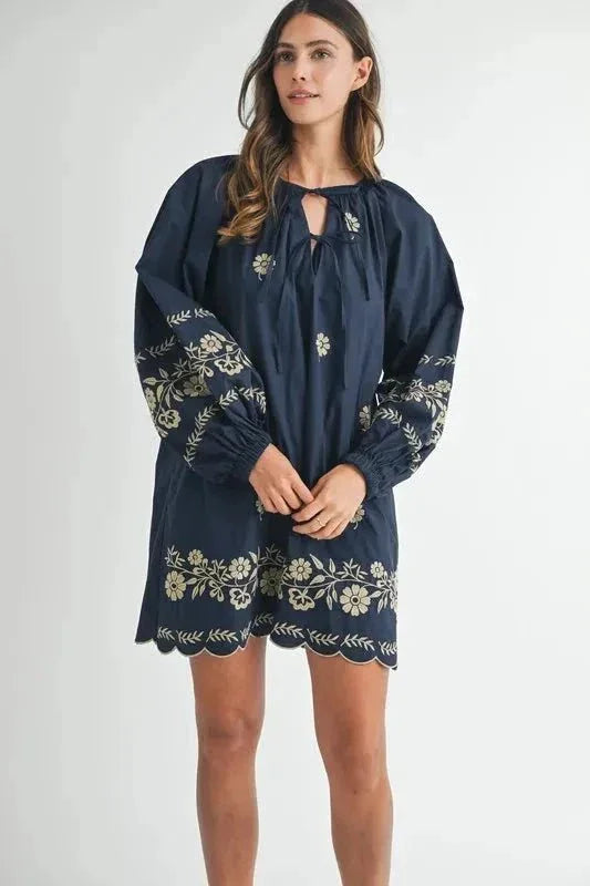 MABLE Embroidered Long Sleeve Peasant Mini Dress - VILLA FASHION