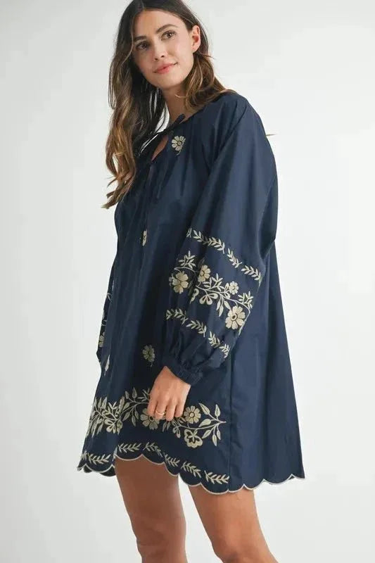 MABLE Embroidered Long Sleeve Peasant Mini Dress - VILLA FASHION
