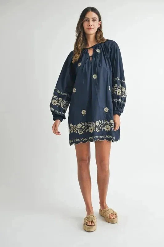 MABLE Embroidered Long Sleeve Peasant Mini Dress - VILLA FASHION