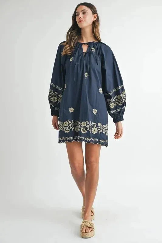 MABLE Embroidered Long Sleeve Peasant Mini Dress - VILLA FASHION