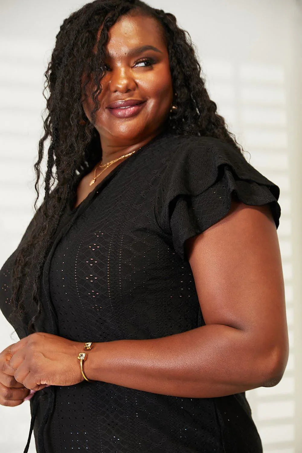 Mandy Eyelet Tie - Neck Flutter Sleeve Blouse - VILLA FASHION