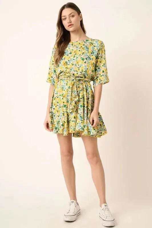 Mittoshop Floral Tie Waist Half Sleeve Mini Dress - VILLA FASHION