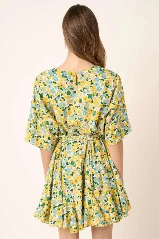 Mittoshop Floral Tie Waist Half Sleeve Mini Dress - VILLA FASHION