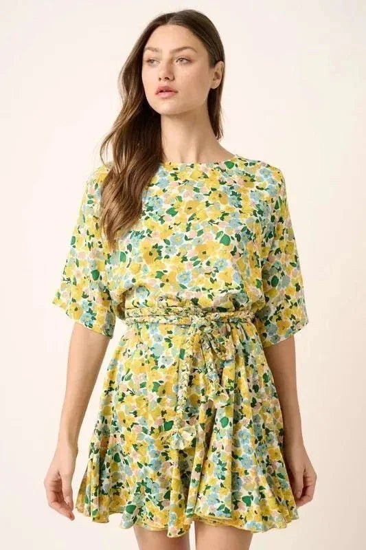 Mittoshop Floral Tie Waist Half Sleeve Mini Dress - VILLA FASHION