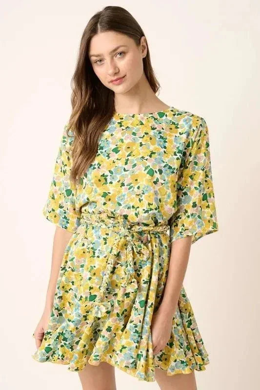 Mittoshop Floral Tie Waist Half Sleeve Mini Dress - VILLA FASHION