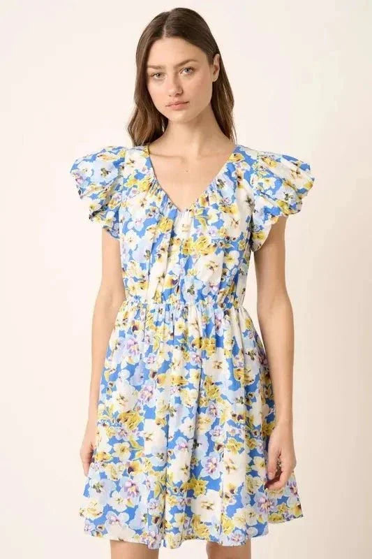 Mittoshop Floral V - Neck Cap Sleeve Mini Dress - VILLA FASHION
