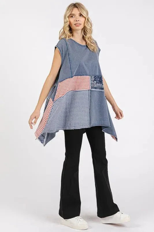 Mittoshop Patchwork Mineral Washed Round Neck Cap Sleeve Top - VILLA FASHION
