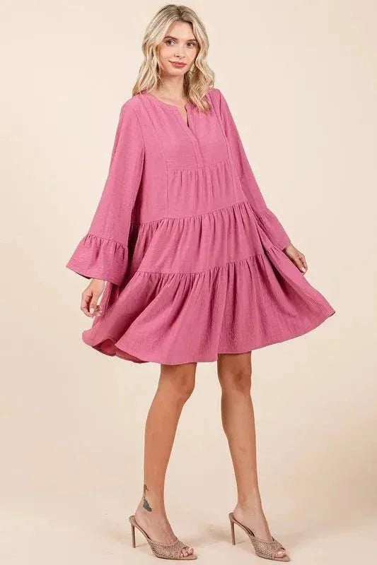 Mittoshop Tiered Notched Flare Sleeve Dress - VILLA FASHION