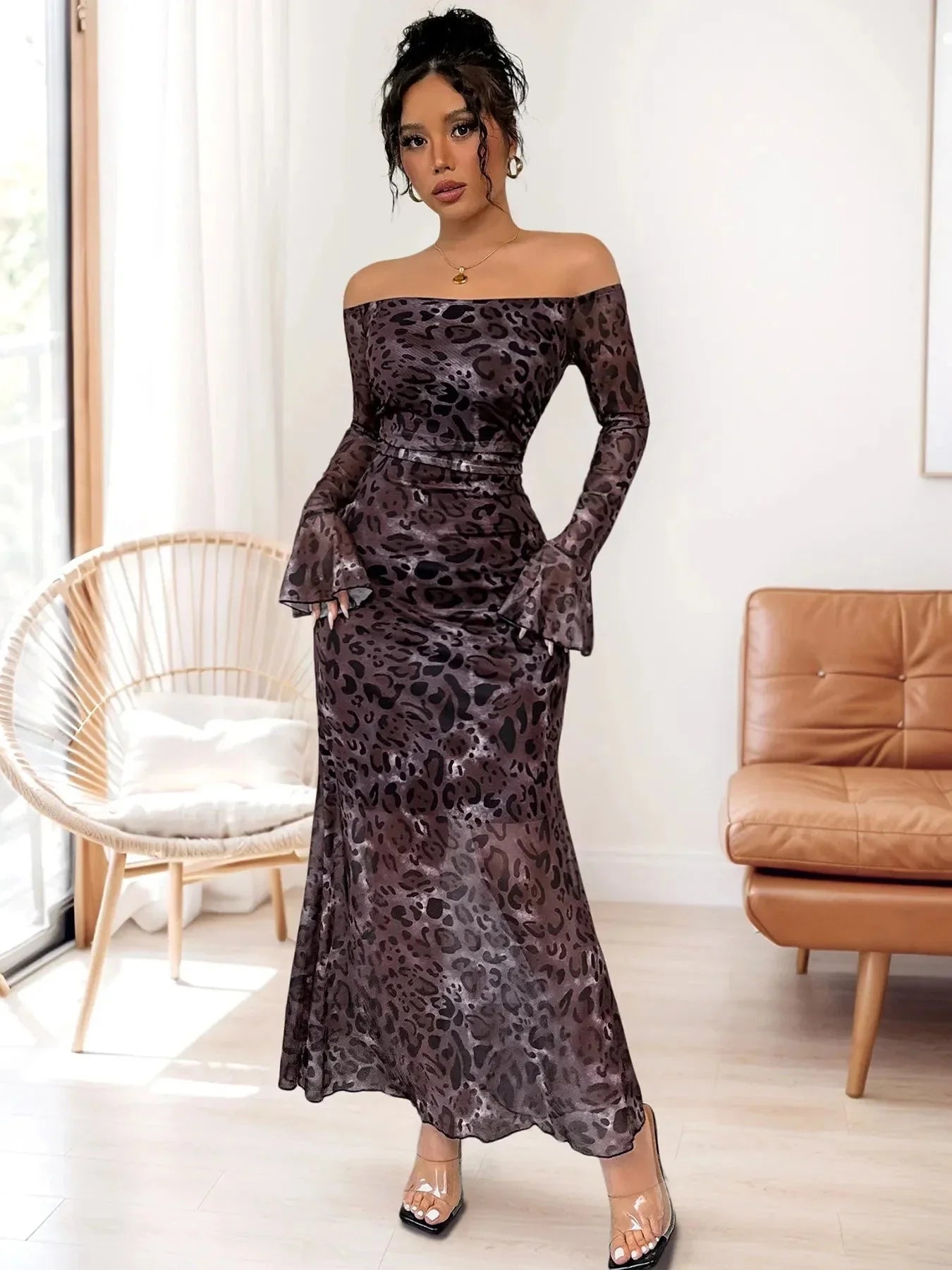 Off - Shoulder Long Sleeve Maxi Dress - VILLA FASHION