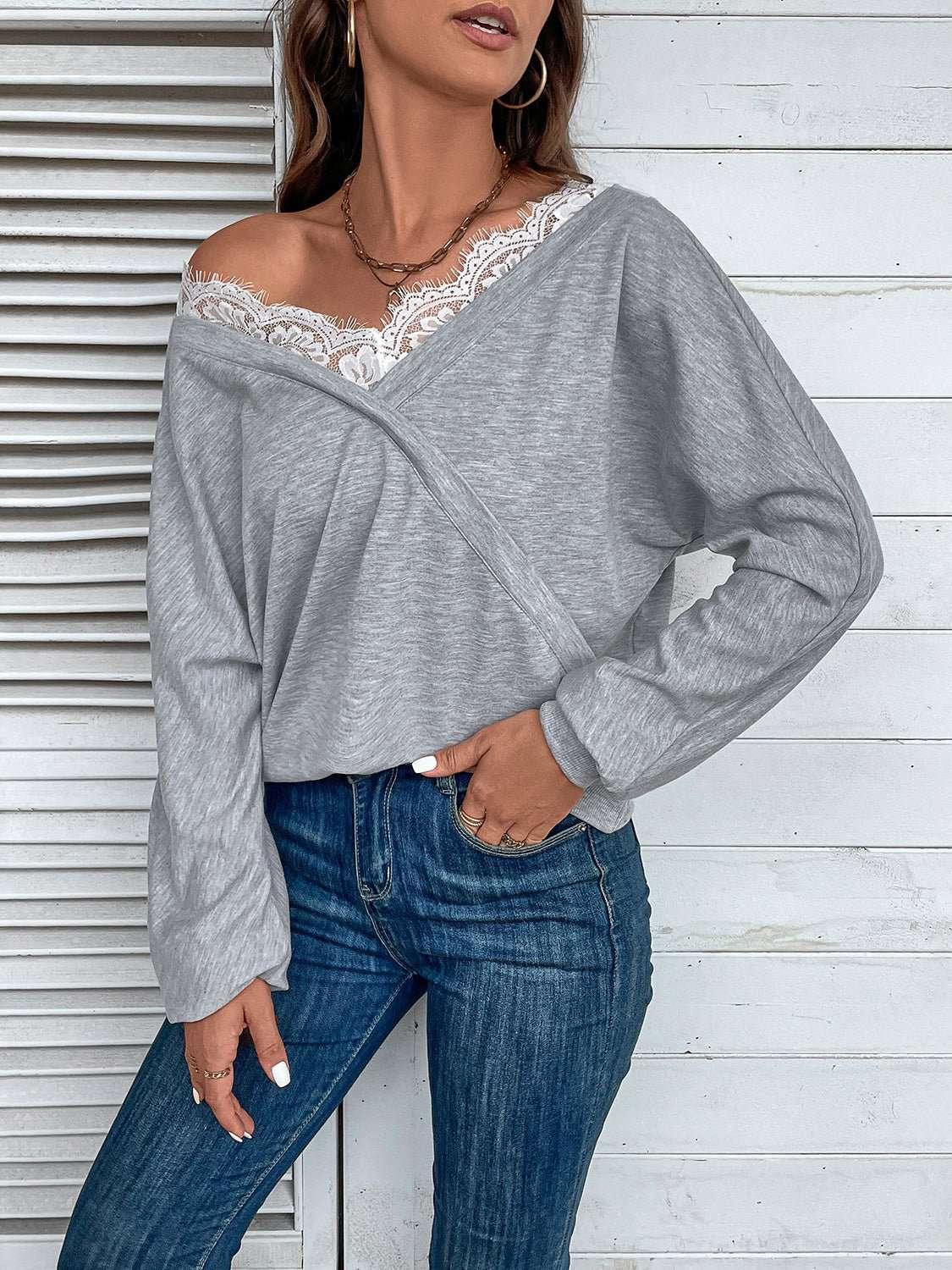 Perfee Lace Detail Long Sleeve Top - VILLA FASHION