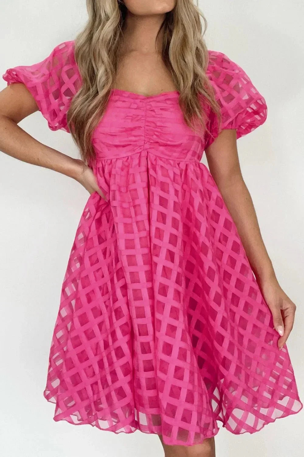 Plaid Puff Sleeve Babydoll Dress - VILLA FASHION