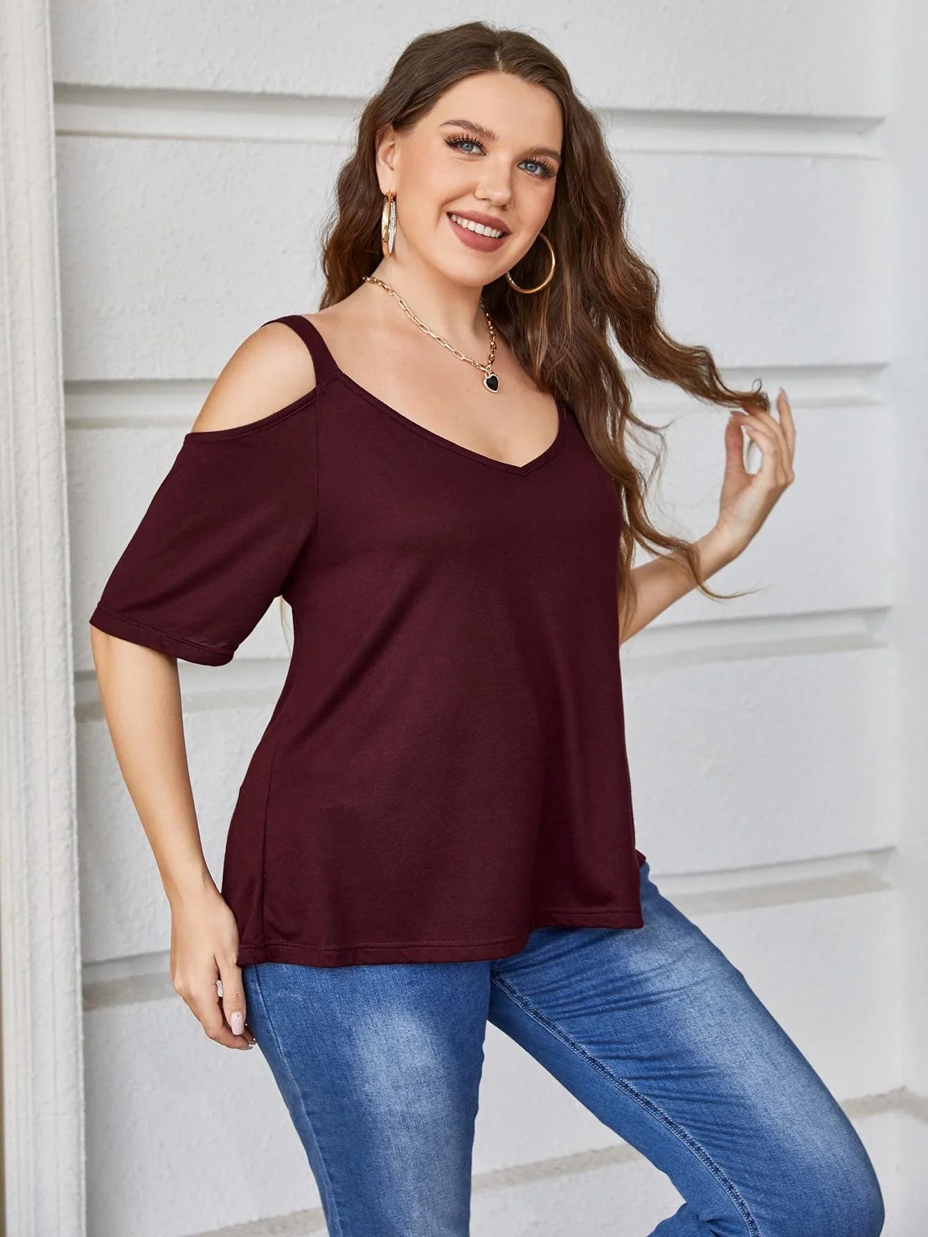 Plus Size V - Neck Cold - Shoulder Blouse - VILLA FASHION