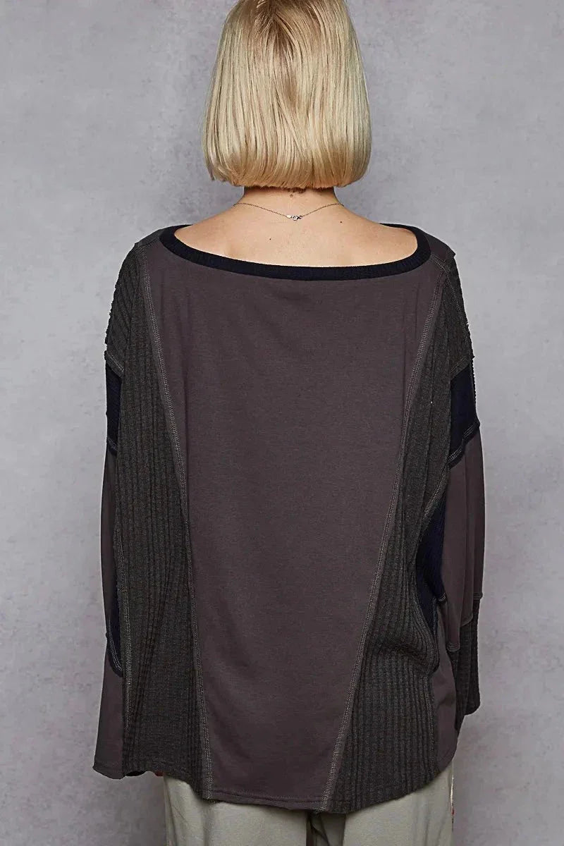 POL Contrast Round Neck Long Sleeve T-Shirt - VILLA FASHION