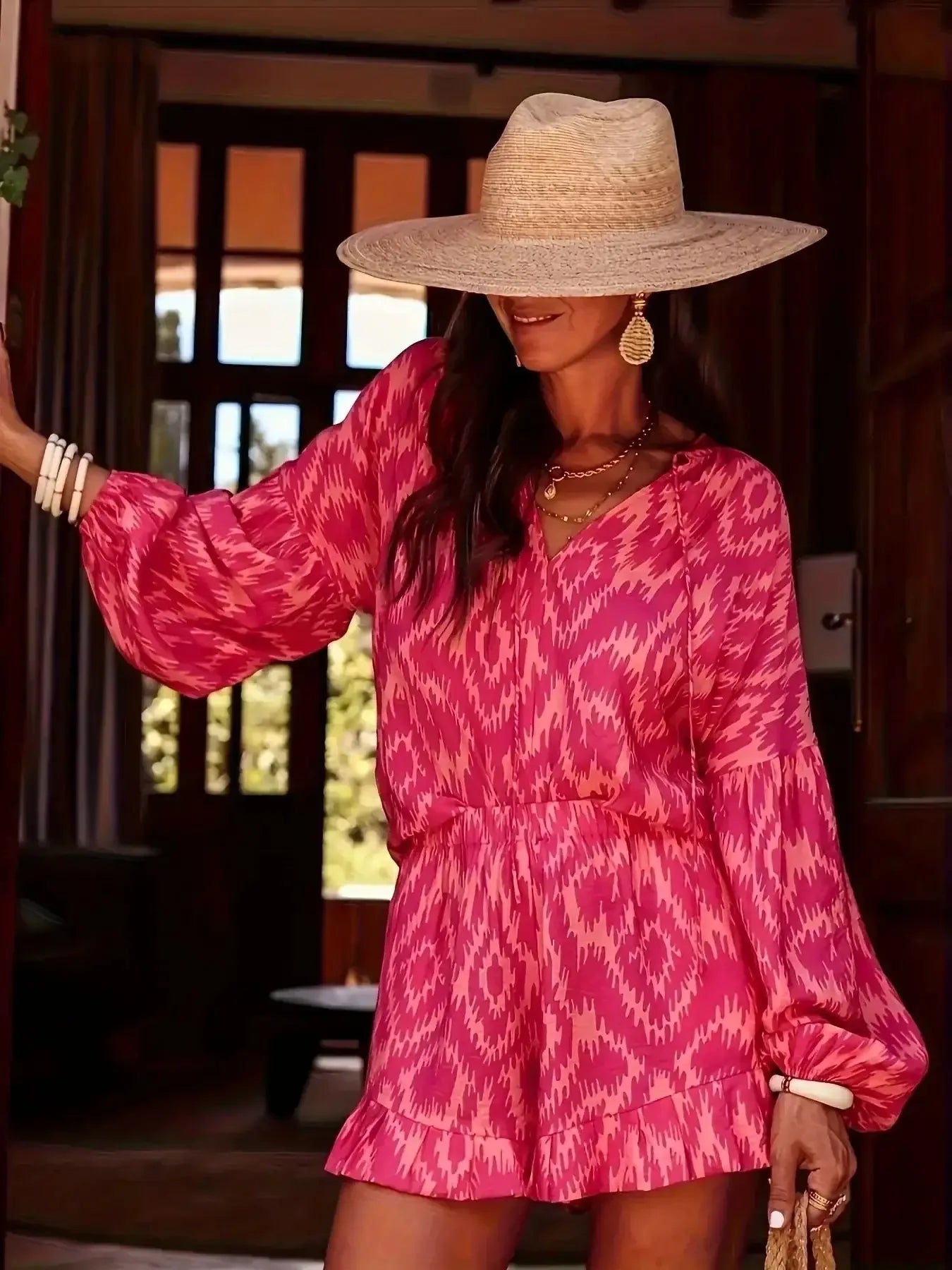 Printed Balloon Sleeve Top and Shorts Set - VILLA FASHION