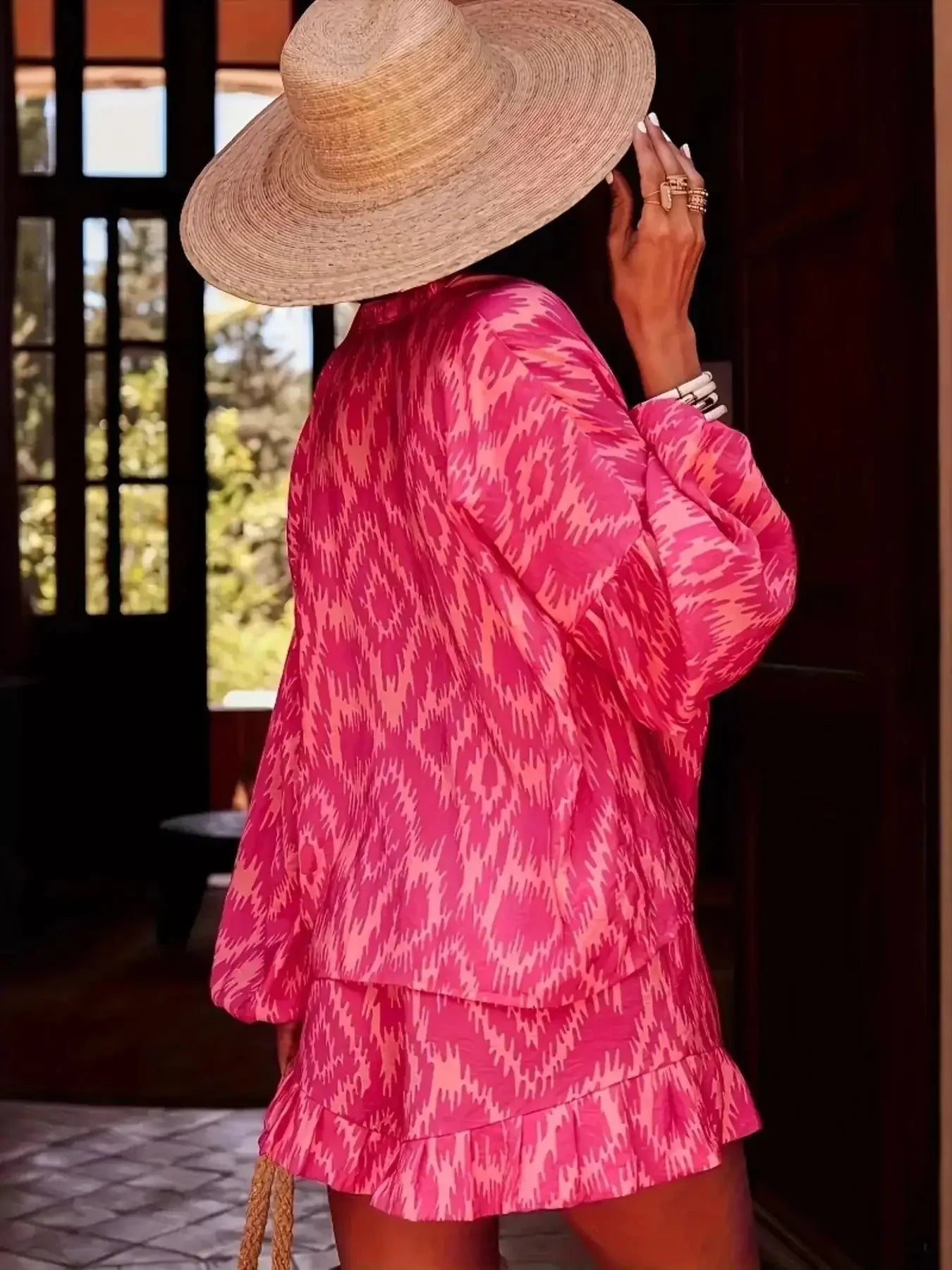 Printed Balloon Sleeve Top and Shorts Set - VILLA FASHION