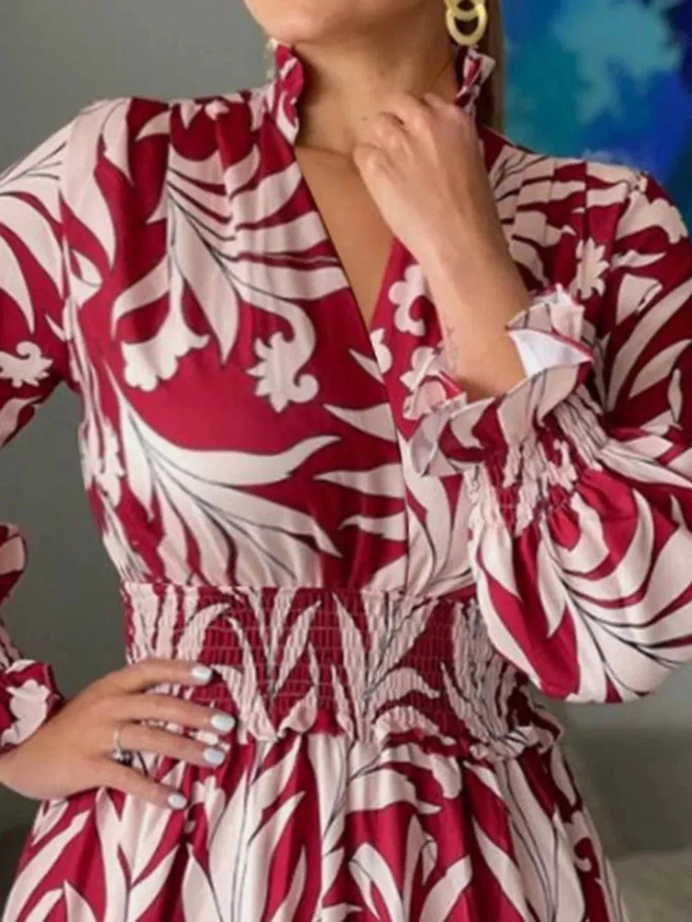 Printed Flounce Sleeve Maxi Dress - VILLA FASHION