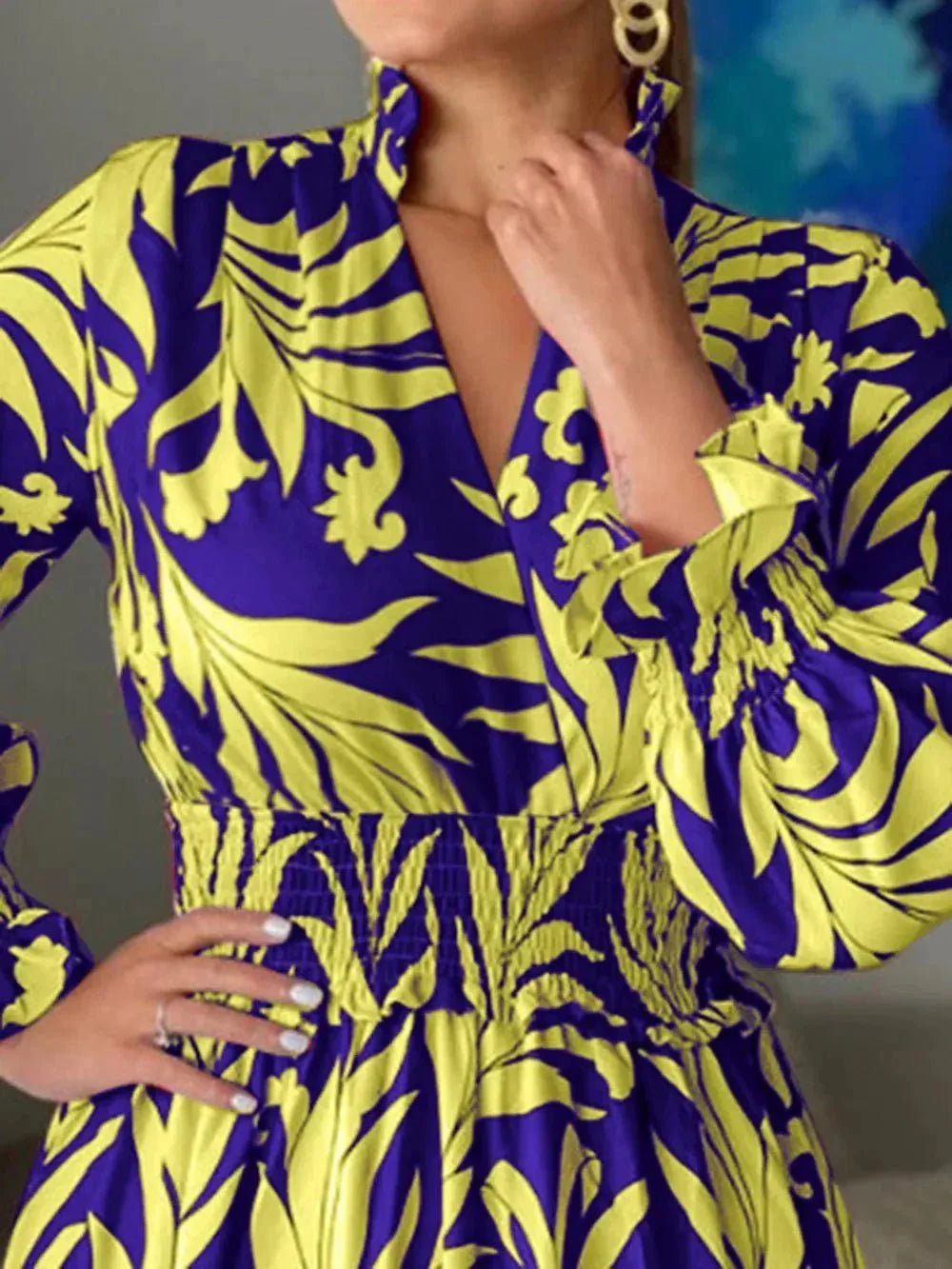 Printed Flounce Sleeve Maxi Dress - VILLA FASHION