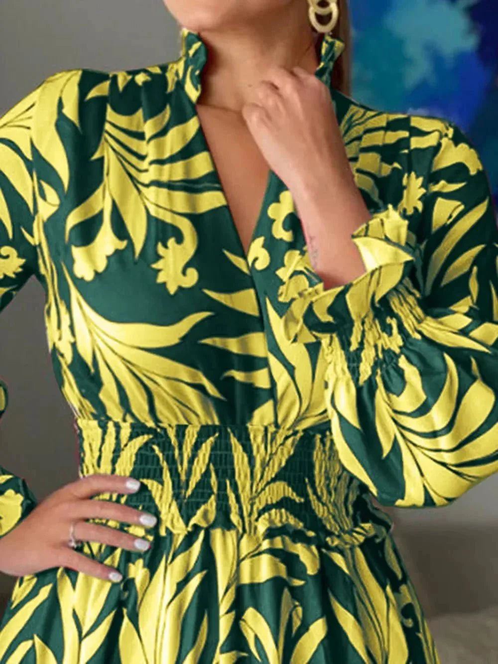 Printed Flounce Sleeve Maxi Dress - VILLA FASHION