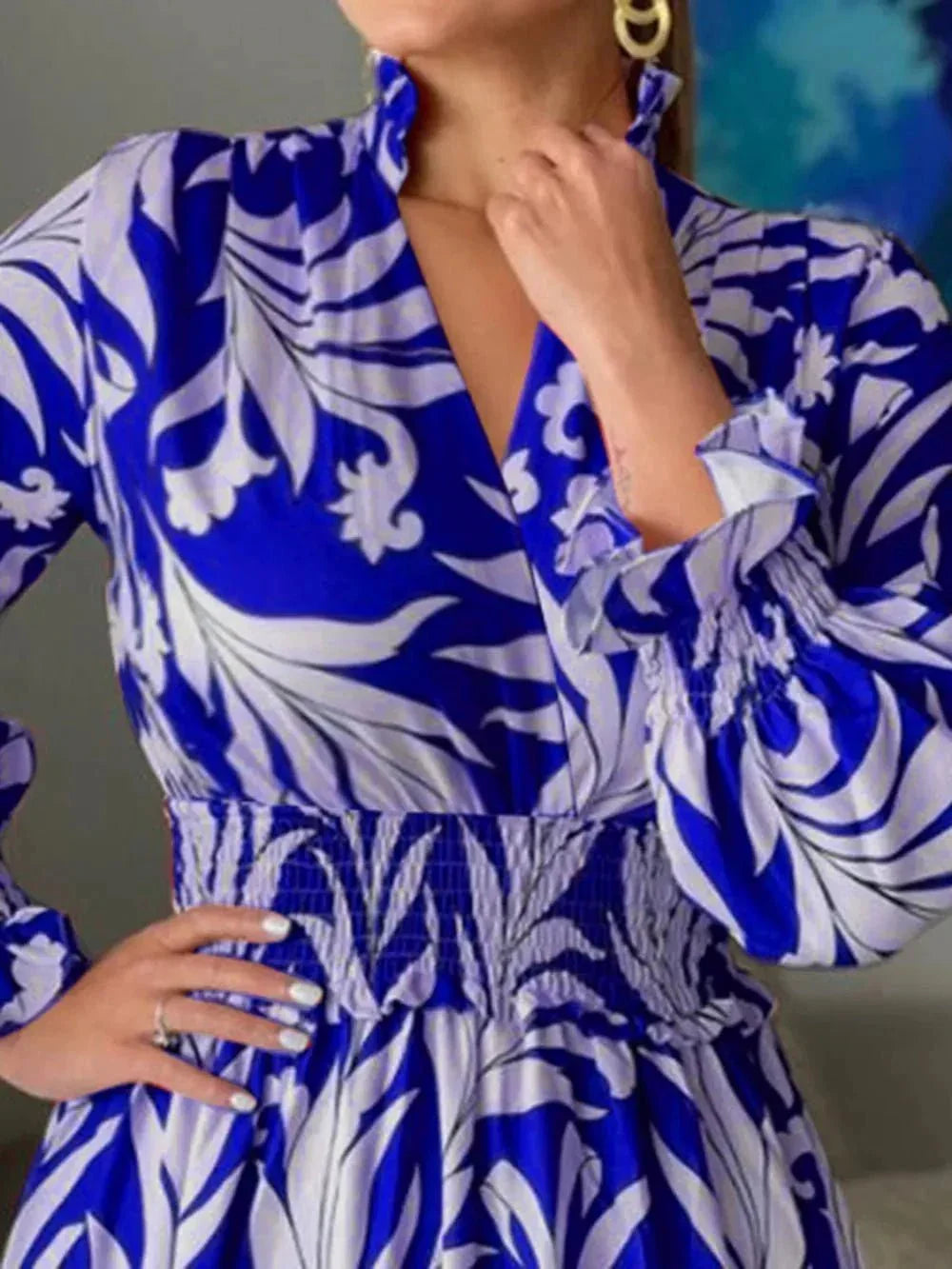 Printed Flounce Sleeve Maxi Dress - VILLA FASHION