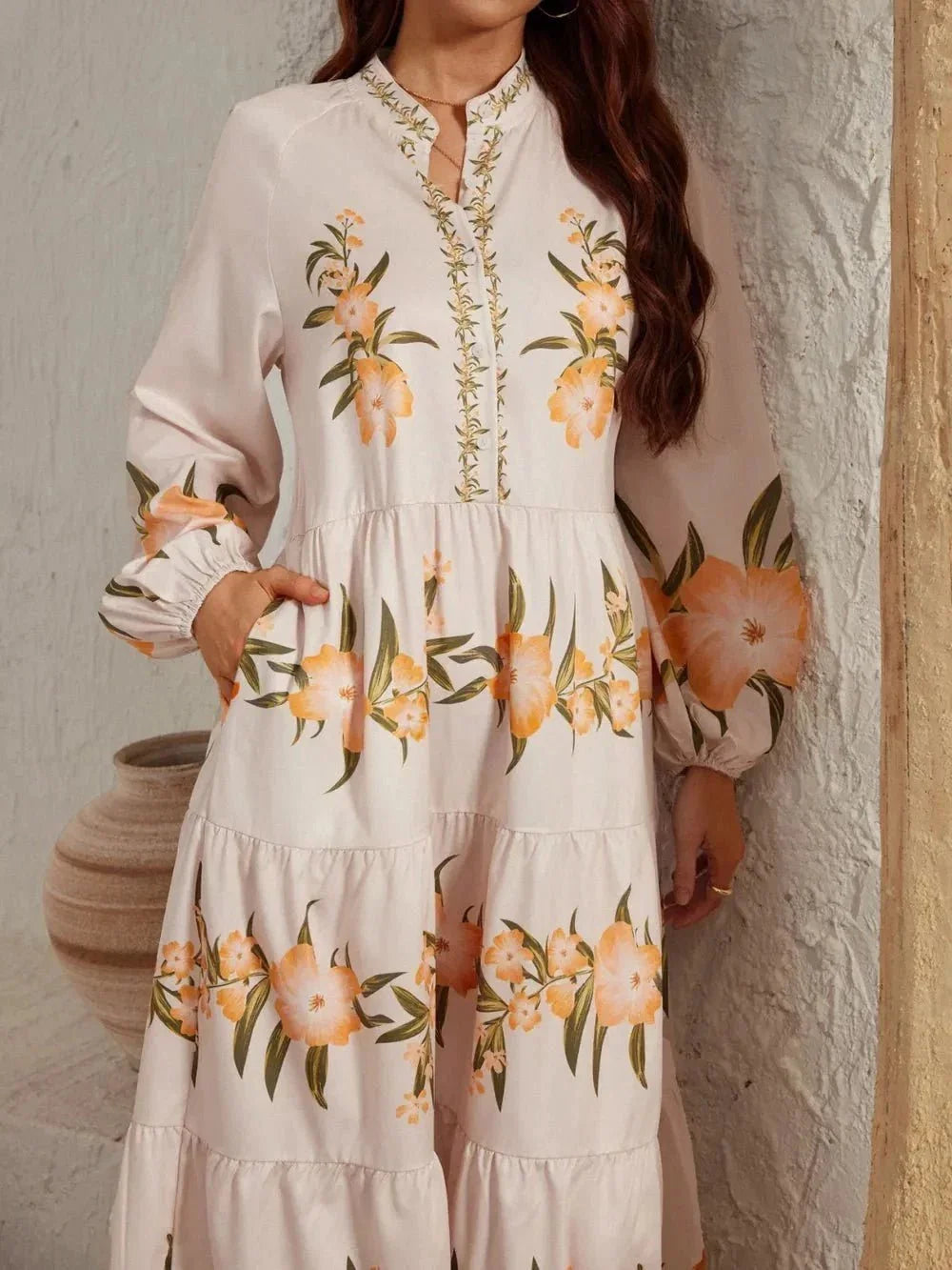 Printed Long Sleeve Midi Dress - VILLA FASHION
