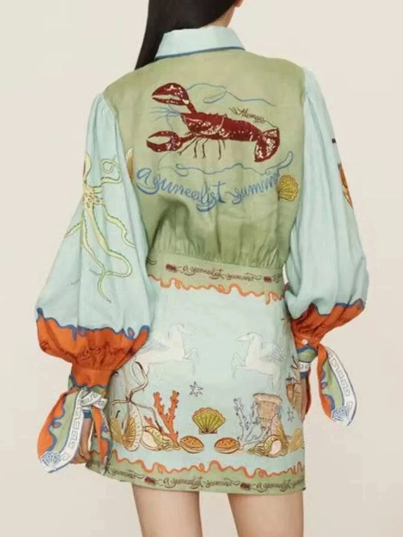 Printed Long Sleeve Shirt Dress - VILLA FASHION