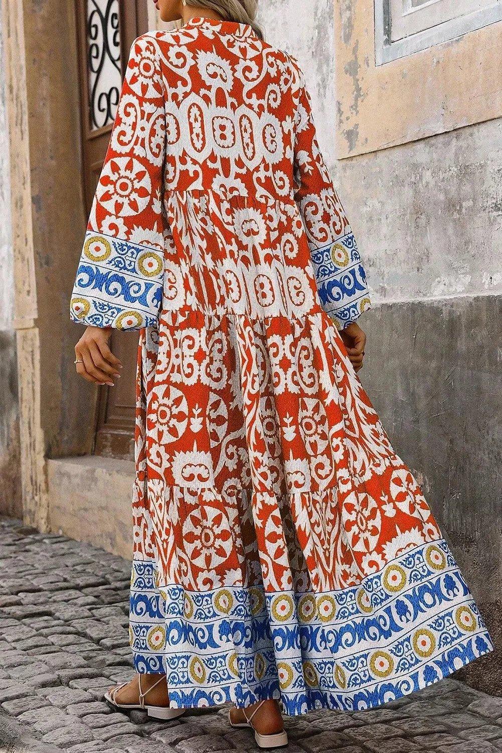 Printed Notched Long Sleeve Maxi Dress - VILLA FASHION