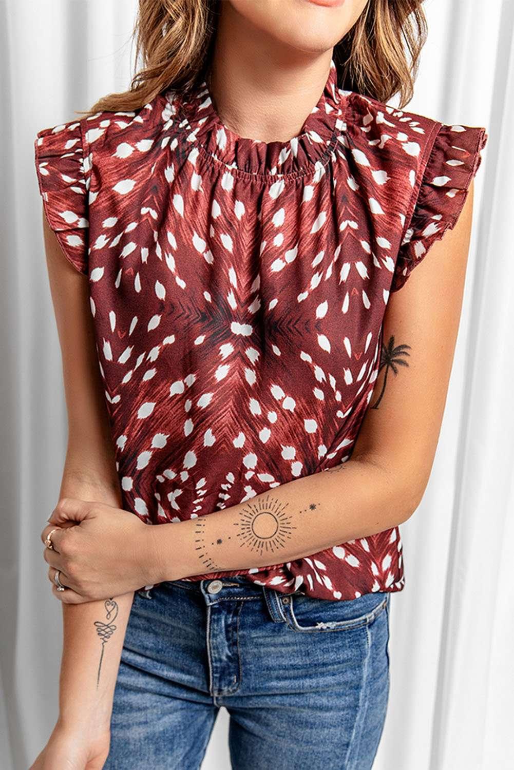 Printed Ruffle Shoulder Blouse - VILLA FASHION