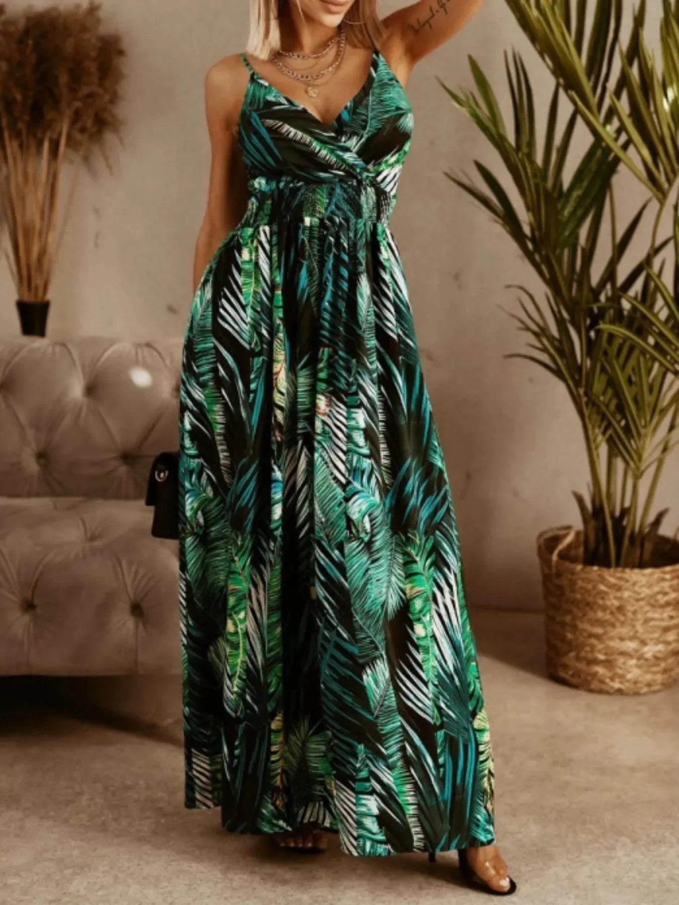 Printed Spaghetti Strap Maxi Dress - VILLA FASHION