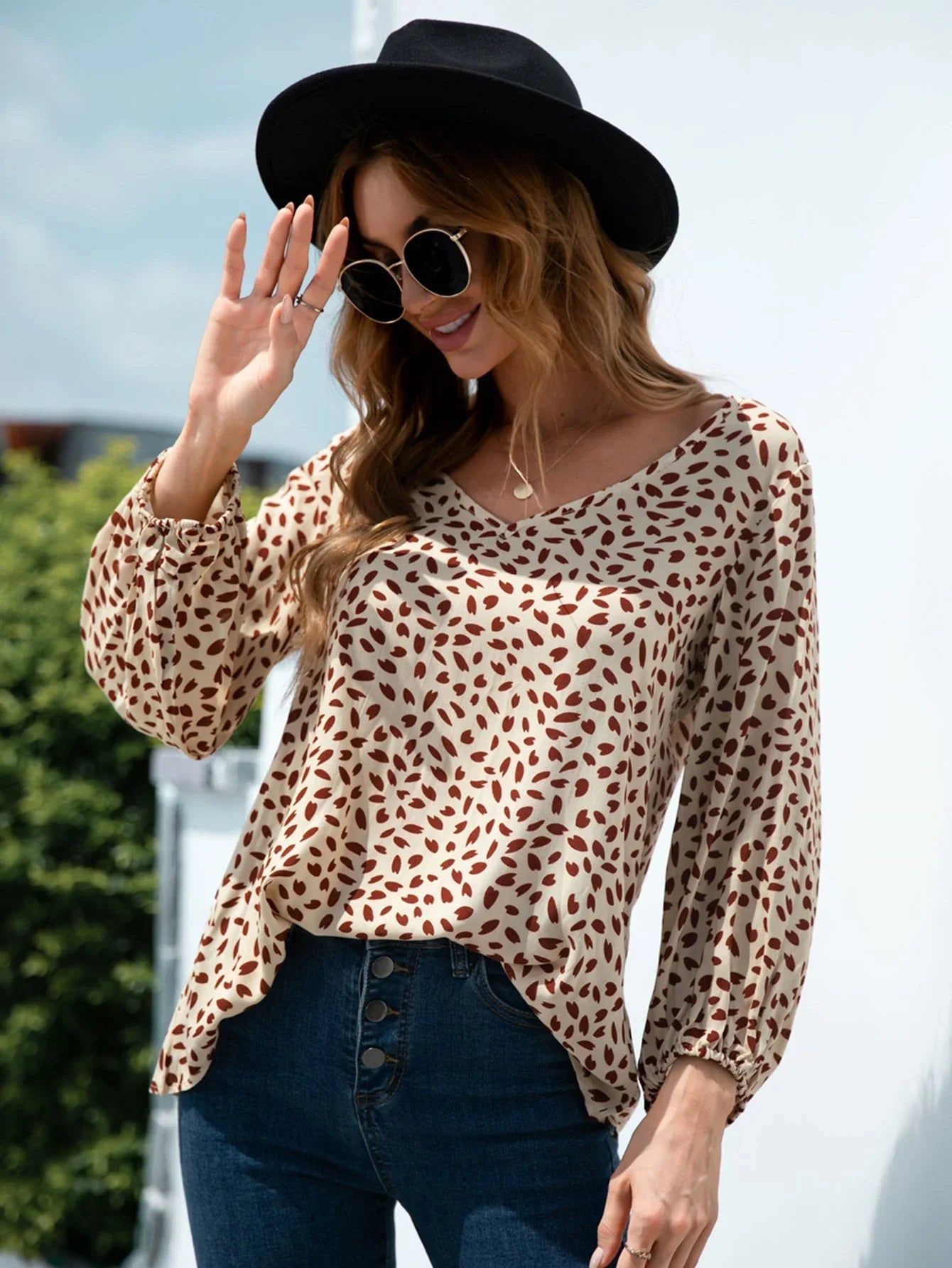 Printed V - Neck Balloon Sleeve Blouse - VILLA FASHION
