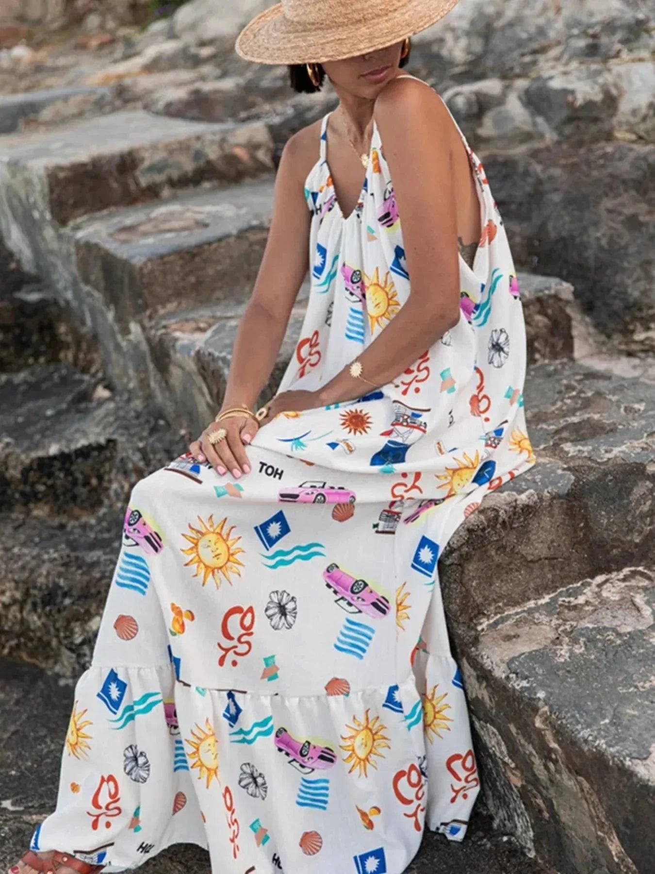 Printed V - neck Summer Maxi Dress - VILLA FASHION
