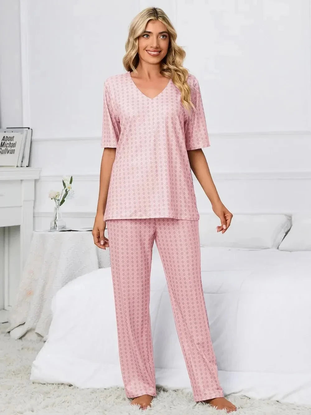 Printed V - Neck Top and Pants Lounge Set - VILLA FASHION