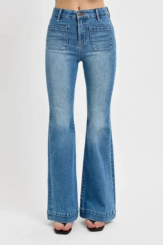 RISEN Full Size Front Patch Pocket Flare Jeans Plus Size - VILLA FASHION