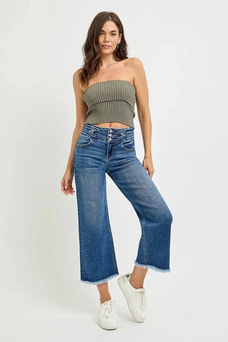 RISEN High Rise Crop Wide Leg Jeans with Wide Band Detail - VILLA FASHION