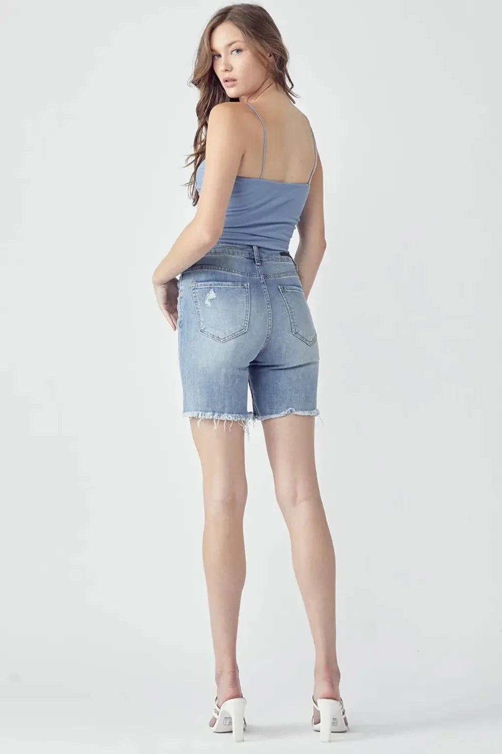 RISEN High Rise Distressed Denim Shorts - VILLA FASHION