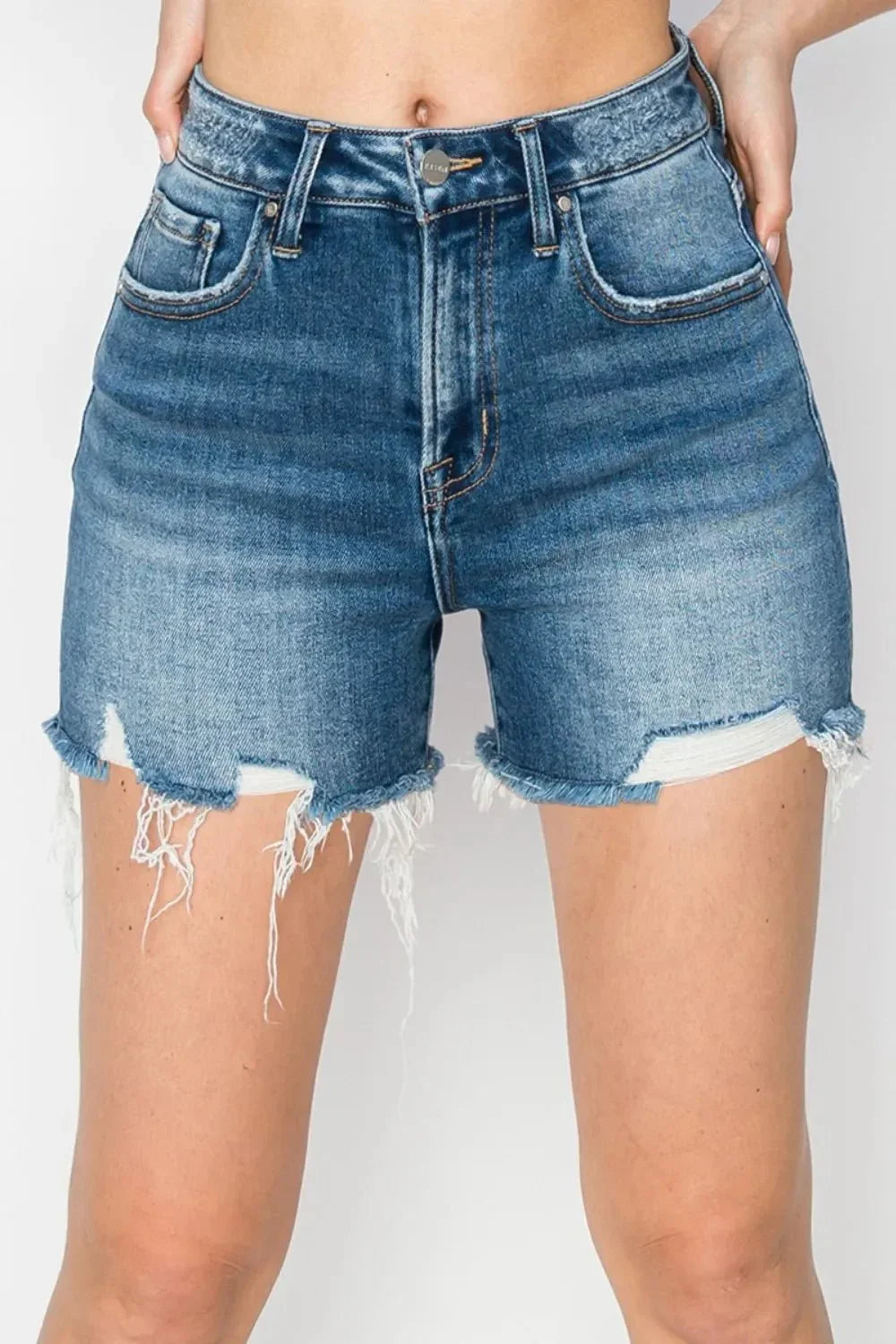 RISEN High Rise Raw Hem Distressed Denim Shorts - VILLA FASHION