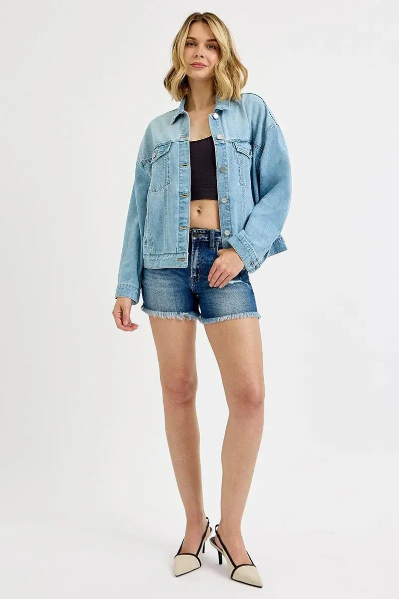 RISEN Washed Dropped Shoulder Denim Jacket - VILLA FASHION