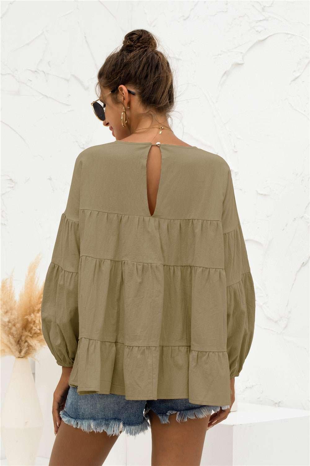 Round Neck Bubble Sleeve Tiered Blouse - VILLA FASHION