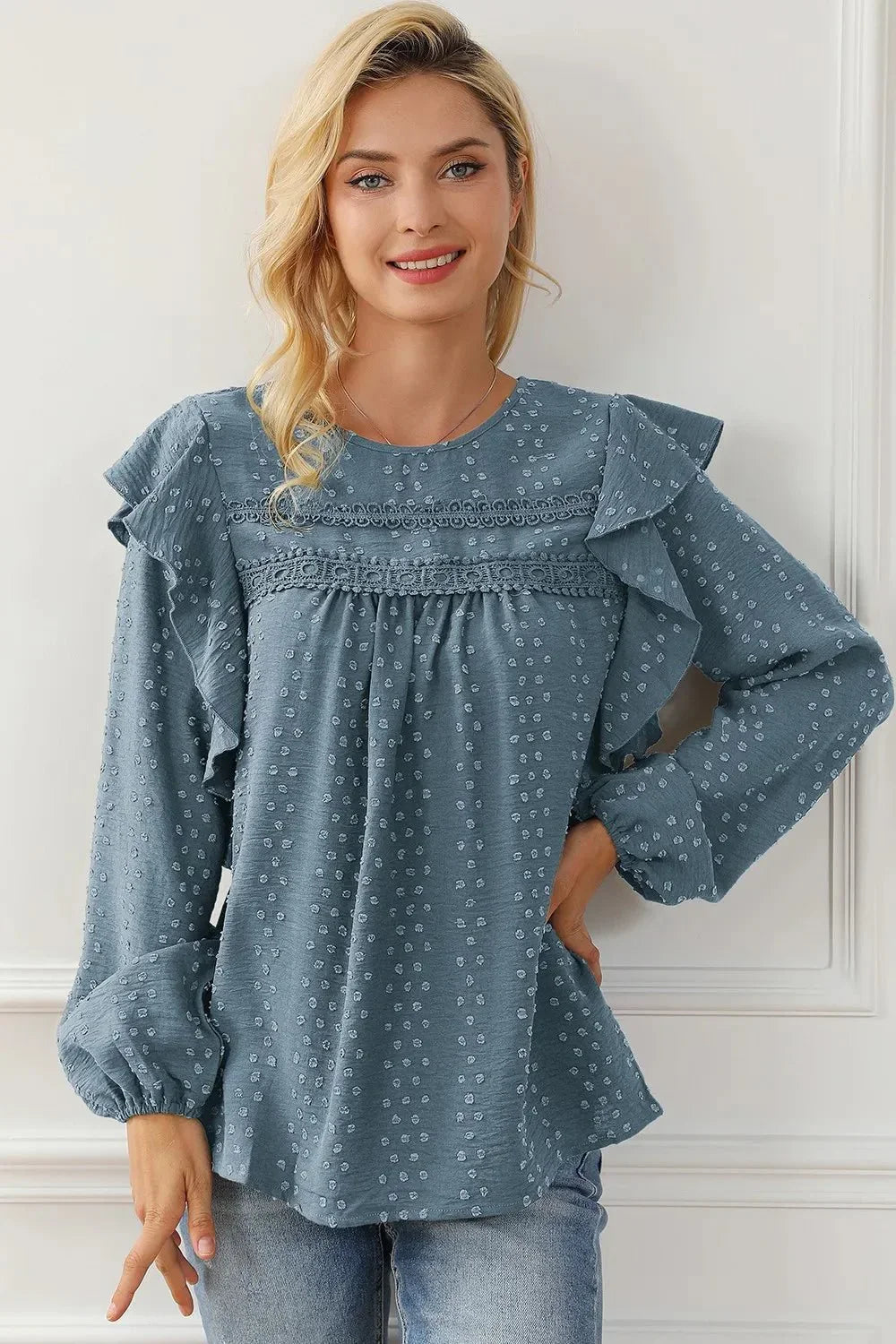Round Neck Ruffled Blouse - VILLA FASHION