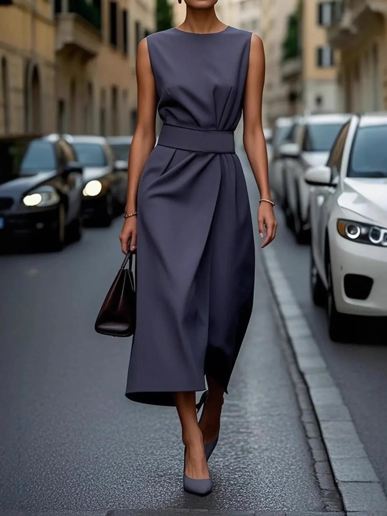 Round Neck Sleeveless Midi Dress - VILLA FASHION