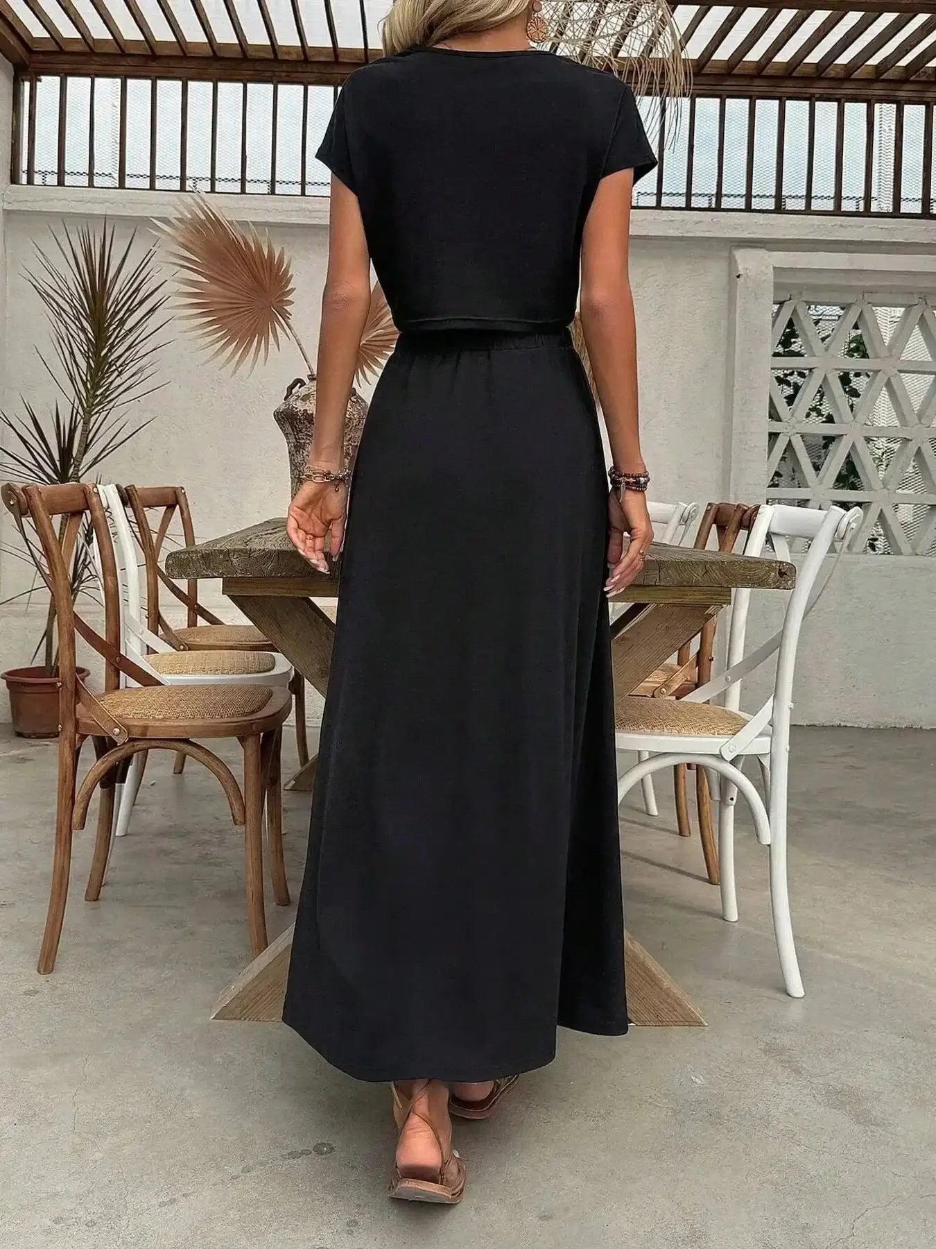 Round Neck Top and Slit Skirt Set - VILLA FASHION